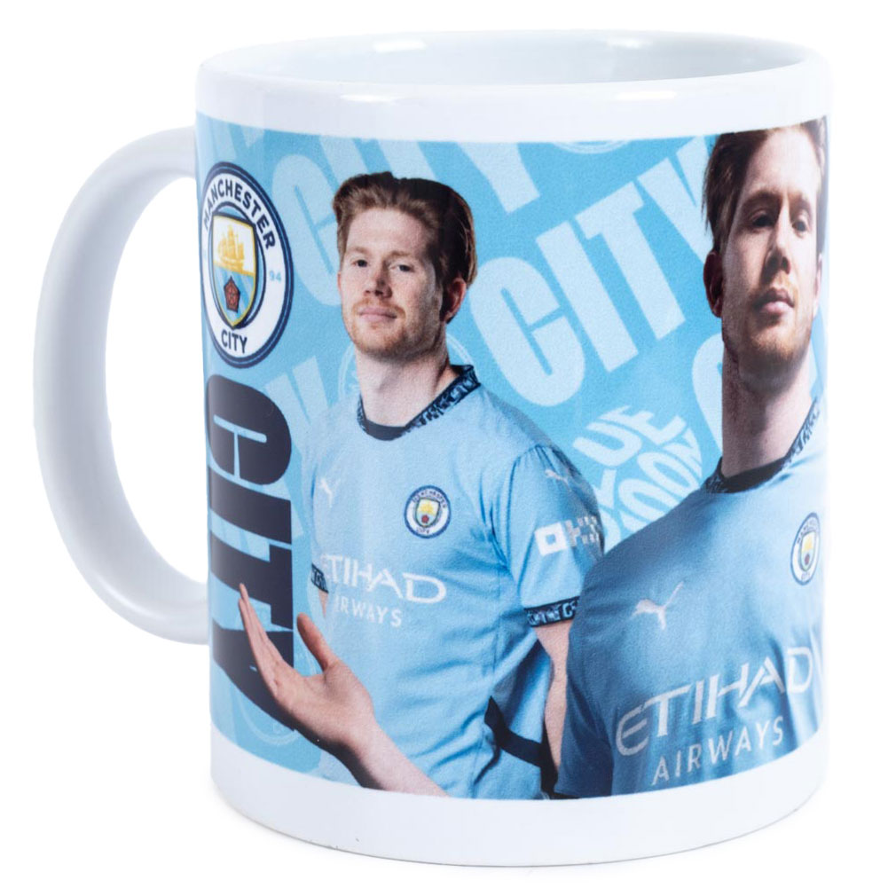 Manchester City FC blue and white ceramic mug with images of Kevin De Bruyne, a City crest and text