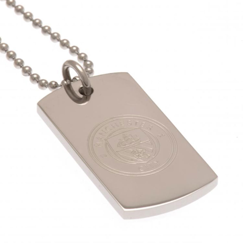 Manchester City FC chrome finish stainless steel dog tag engraved with the City crest on a ball chain