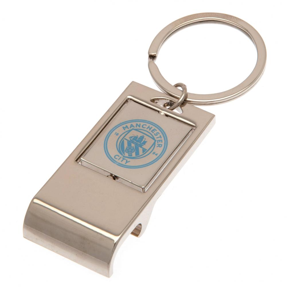 Manchester City FC metal bottle opener keyring with a spinning design and full colour crest print