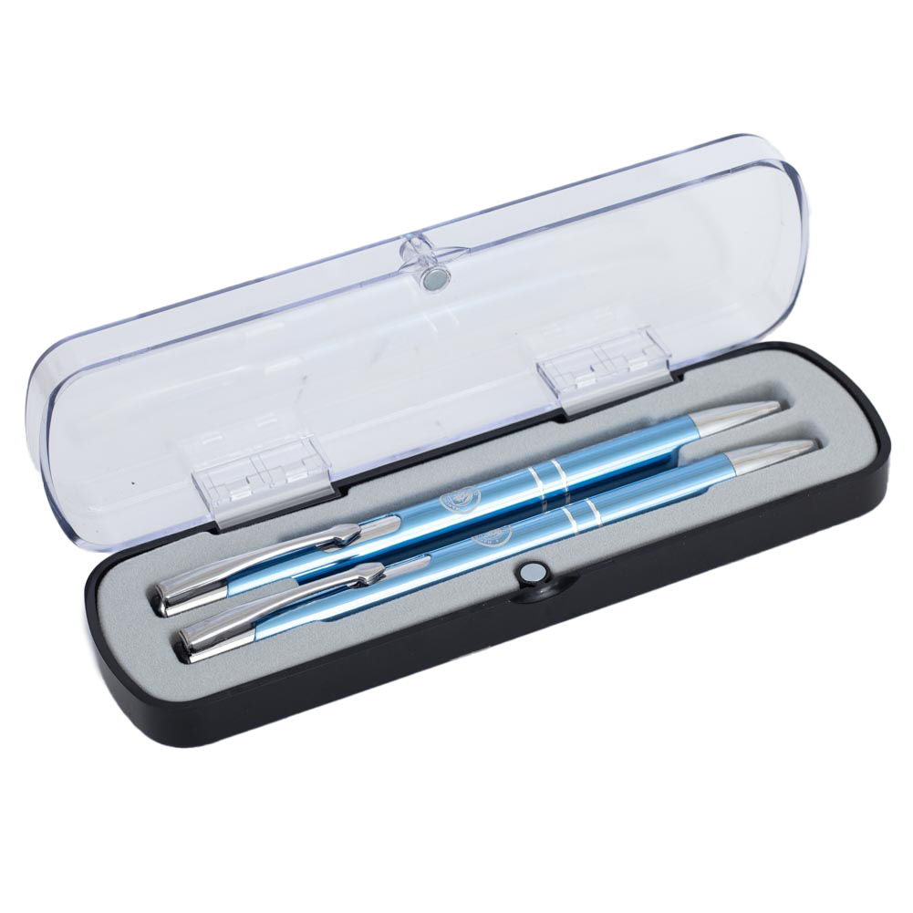 Manchester City FC blue pen and pencil gift set with a silver crest in a clear Perspex display case