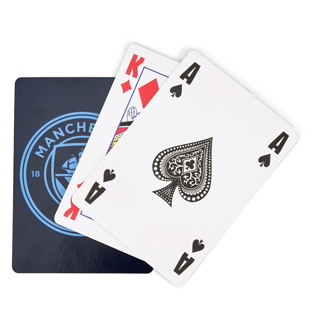 Manchester City FC executive playing cards in a printed card box, each card adorned with the City crest