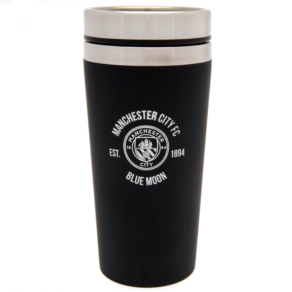 Matt black Manchester City FC stainless steel travel mug with a silver rim screw top lid
