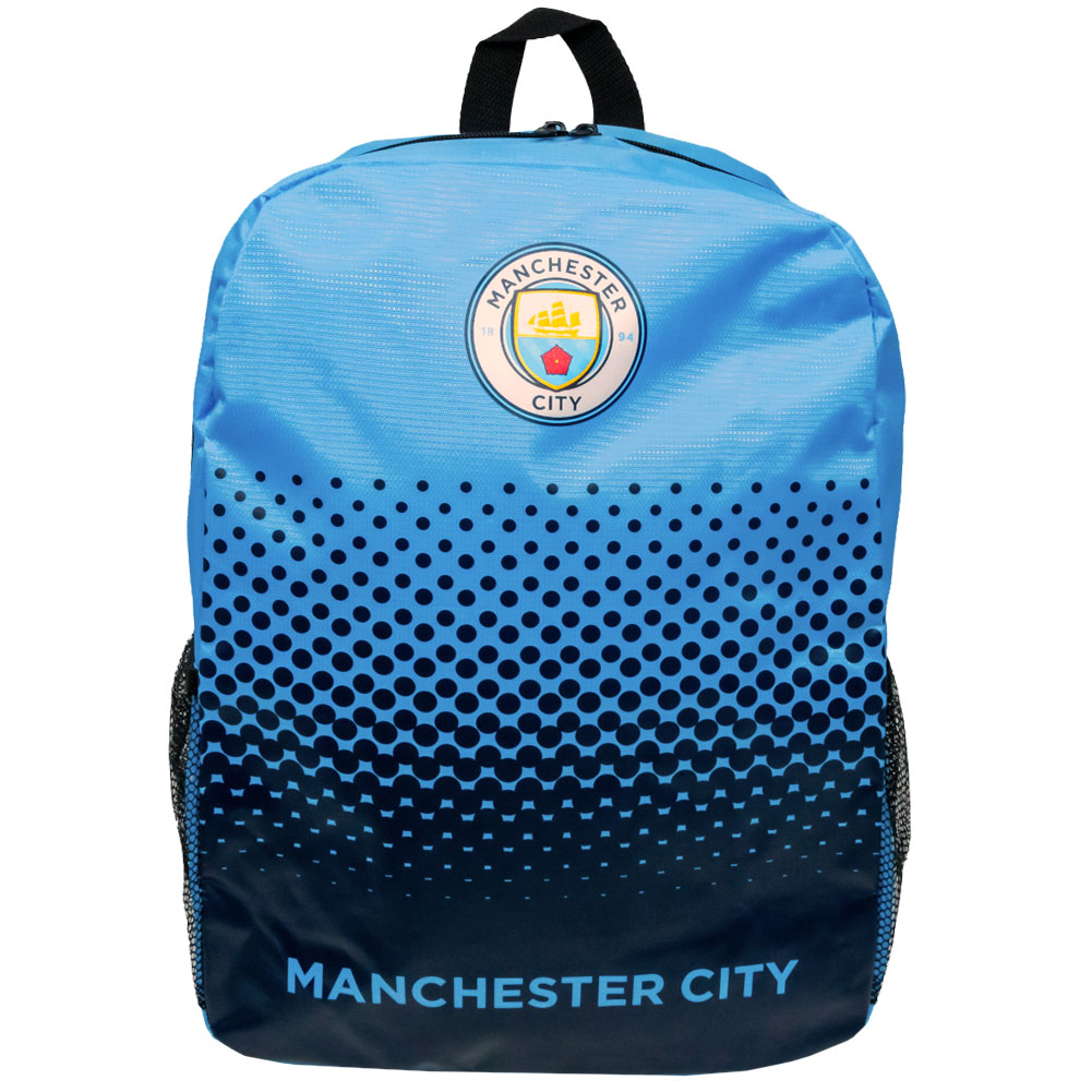 Manchester City FC fade design backpack featuring Manchester City text and the club crest
