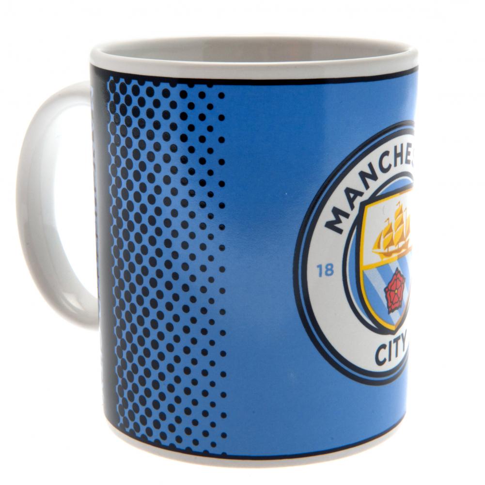 Manchester City FC ceramic mug with a fade design, Manchester City text and a full colour club crest