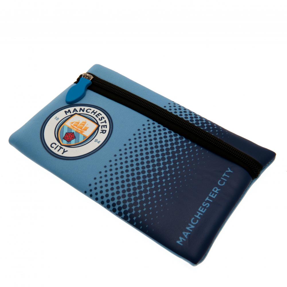 Manchester City FC neoprene zipped pencil case with a full colour crest on a sky blue and navy fade design