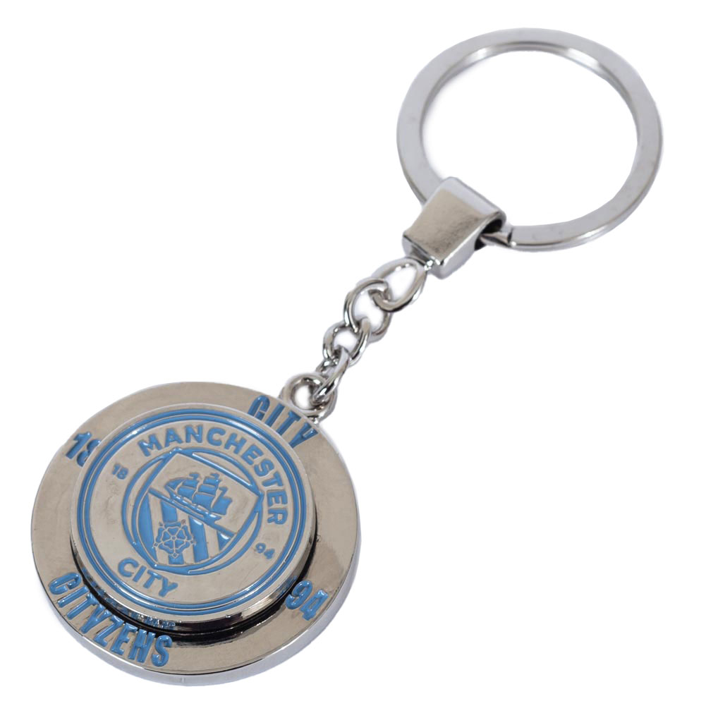 Manchester City FC silver style metal fidget spinner keyring with a spinning City logo