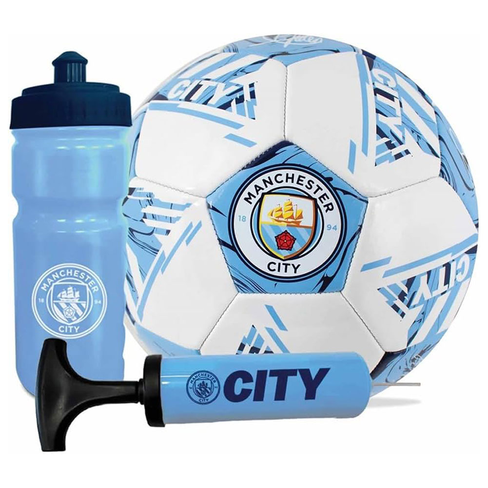 Manchester City FC football gift set with a size 5 football, 500ml water bottle and mini hand pump