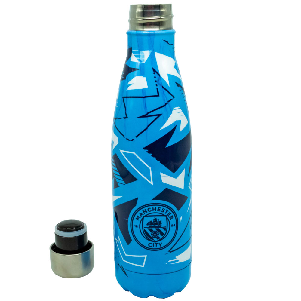 Manchester City FC thermal flask with a sky blue and navy fragment pattern and a navy Man City crest