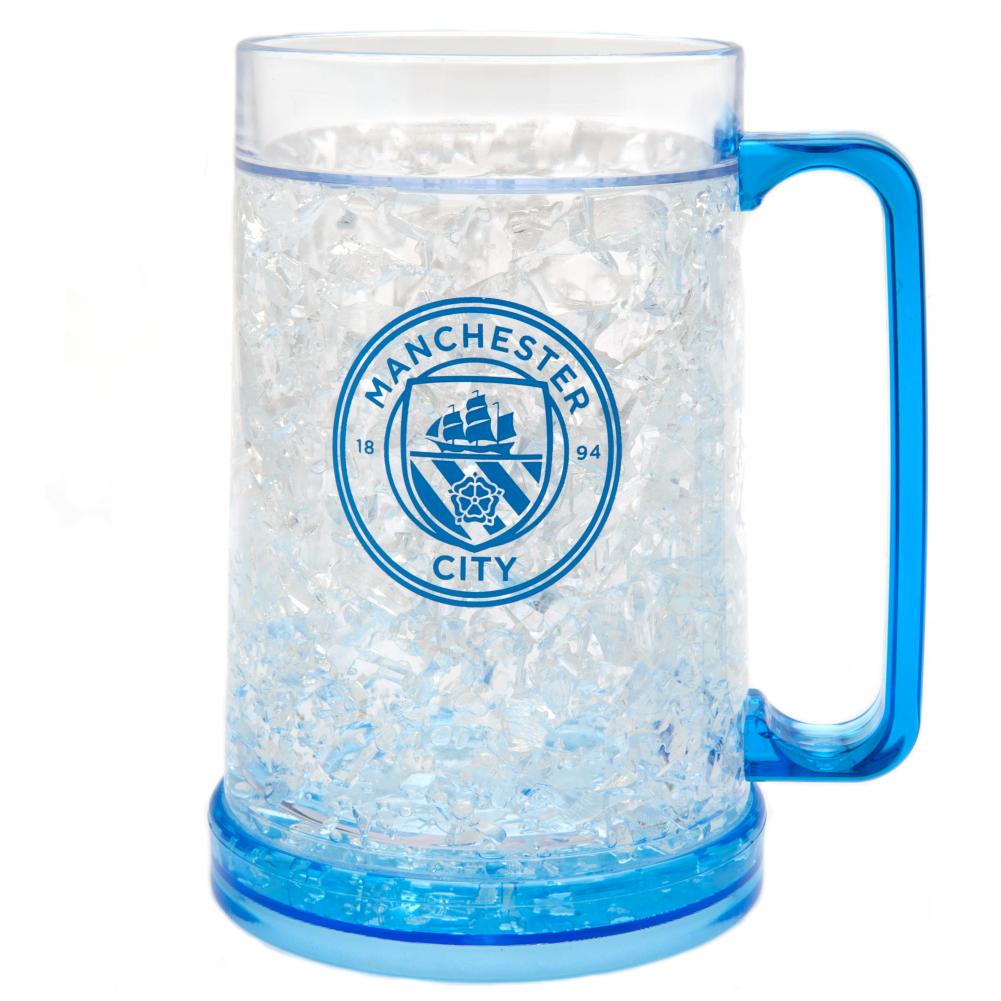 Manchester City FC frosted freezer mug with a blue base, blue handle and the Man City club crest