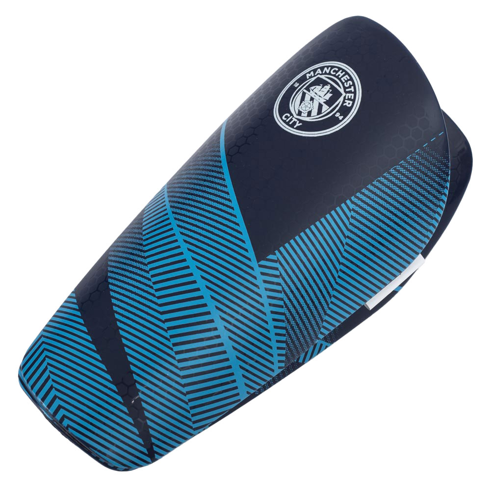 Blue Manchester City FC Fuse youth slip-in shin guards with a white City crest