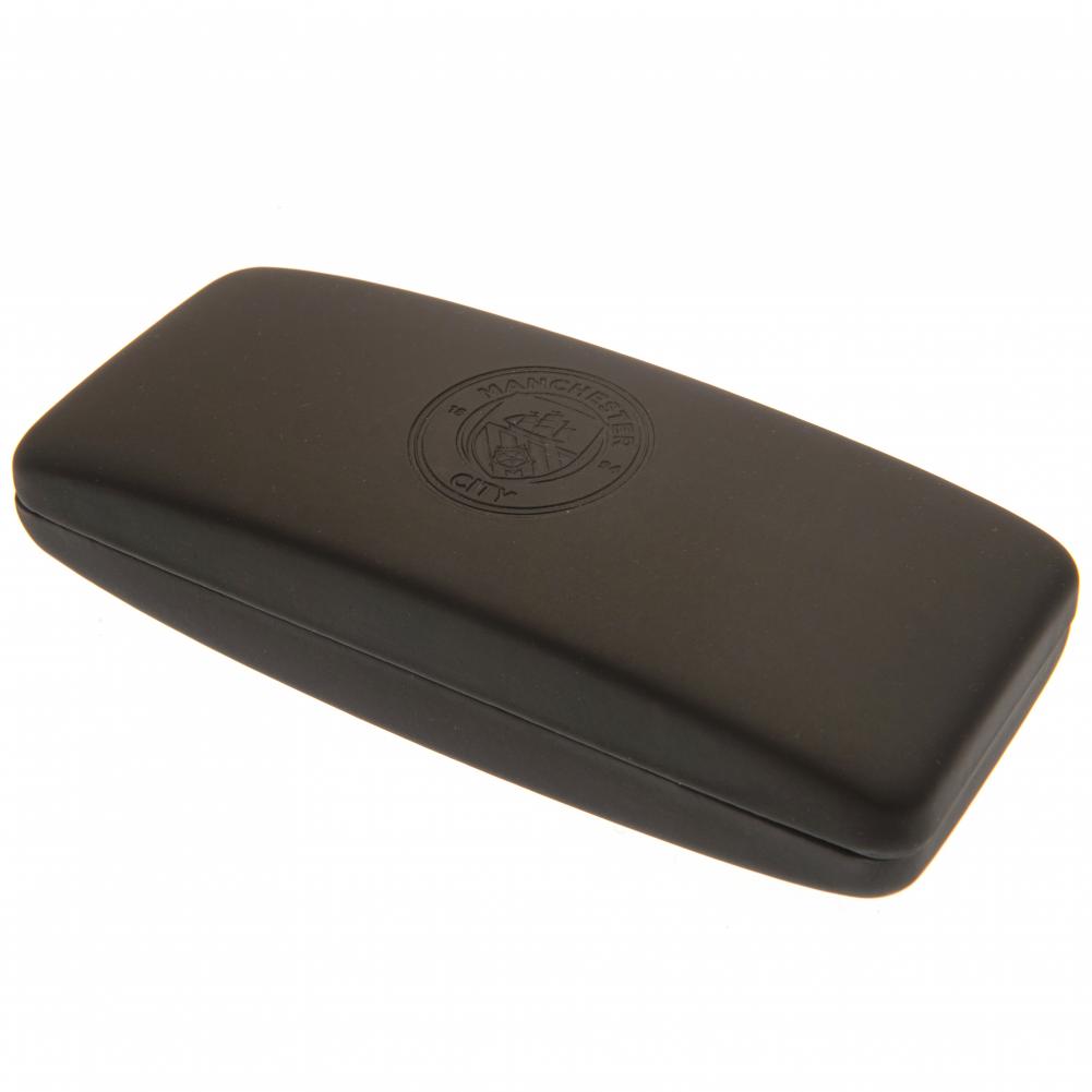 Black debossed Manchester City FC glasses case with a club crest lens cloth in a presentation box