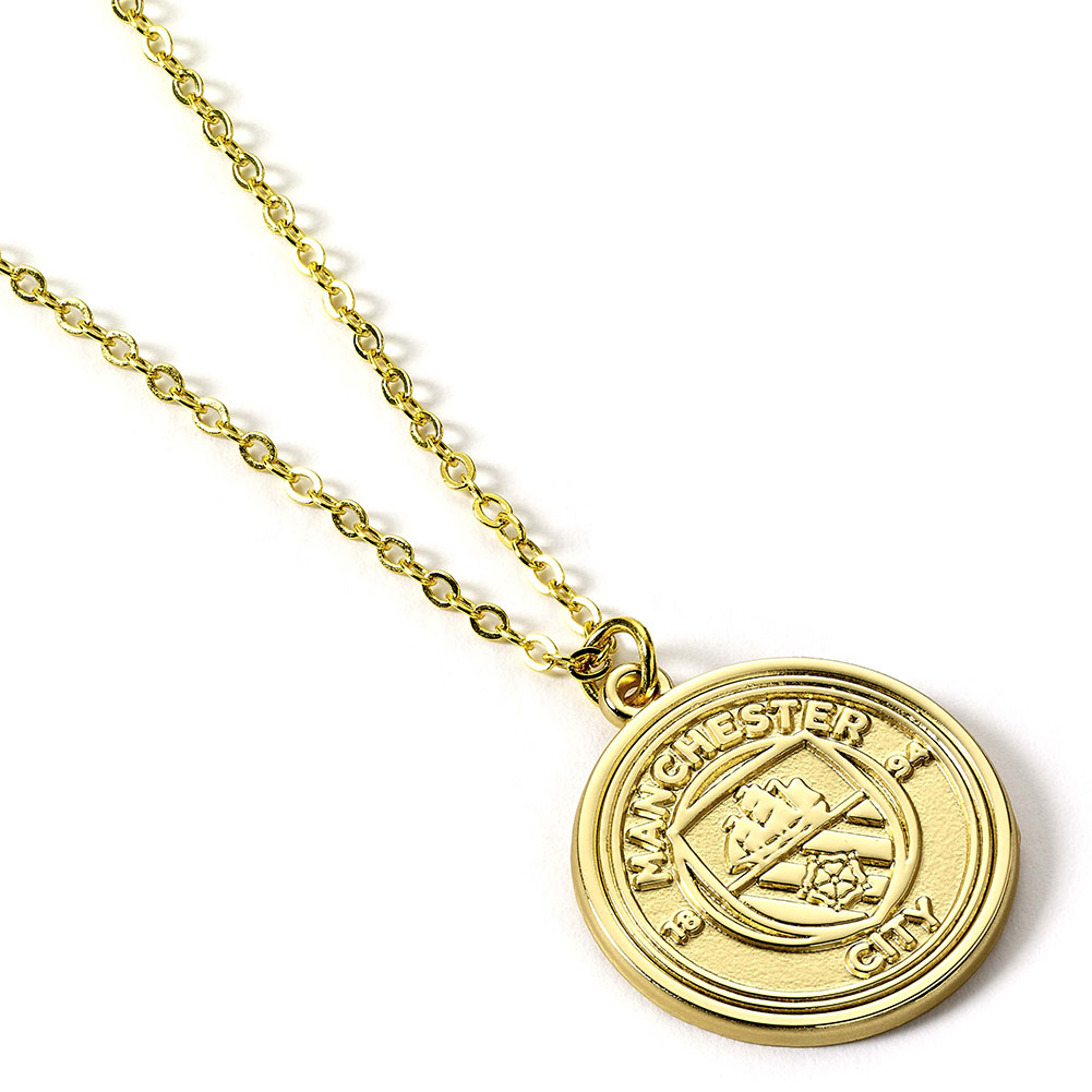 Manchester City FC gold finish necklace with a City crest pendant in a display packet