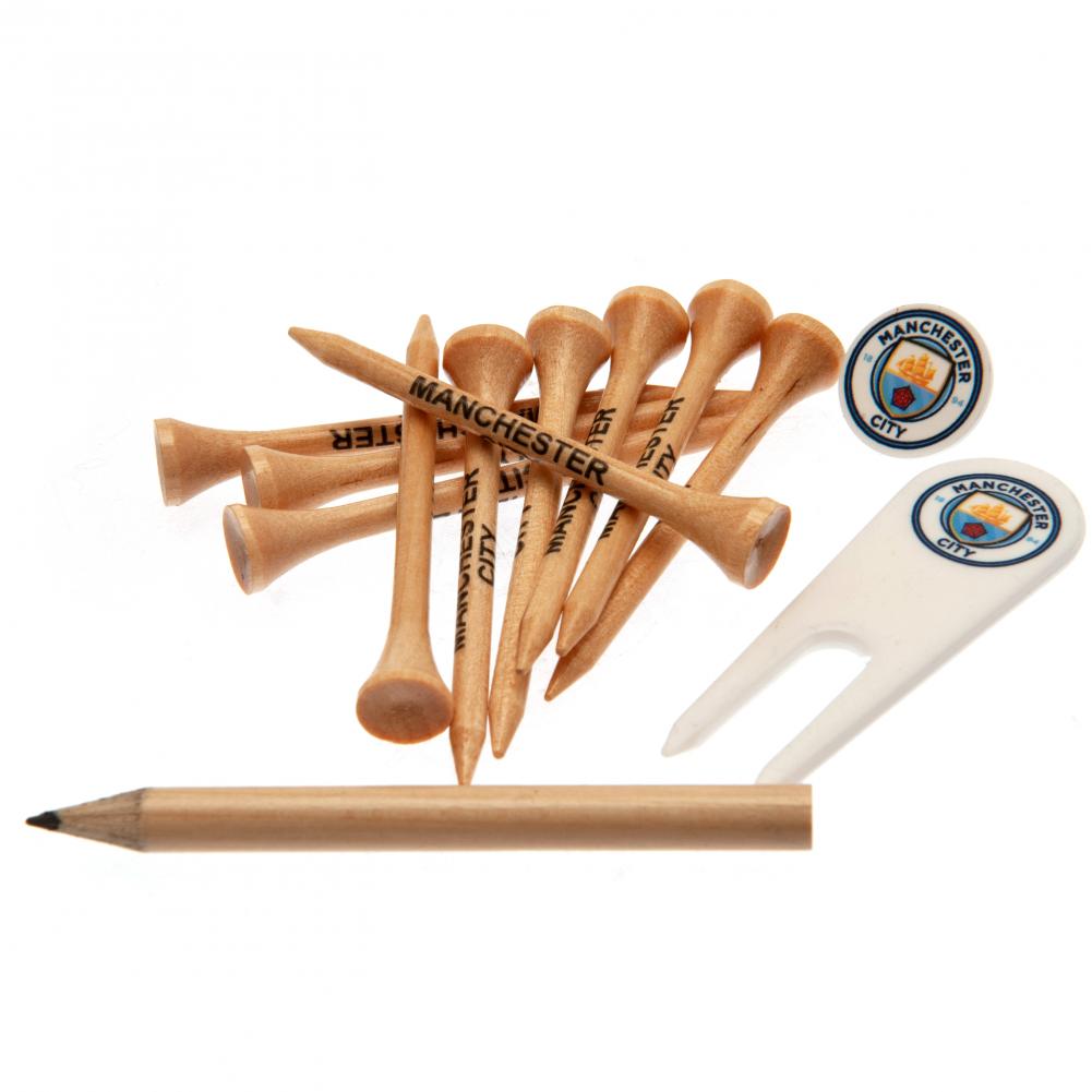 Manchester City FC golf accessories pack with divot tool, ball marker, pencil and wooden tees in a printed bag