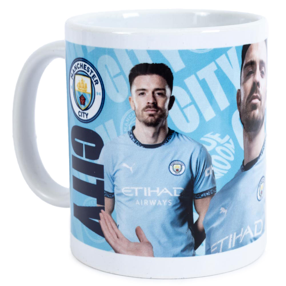 Manchester City FC blue and white ceramic mug with images of Jack Grealish, a City crest and text