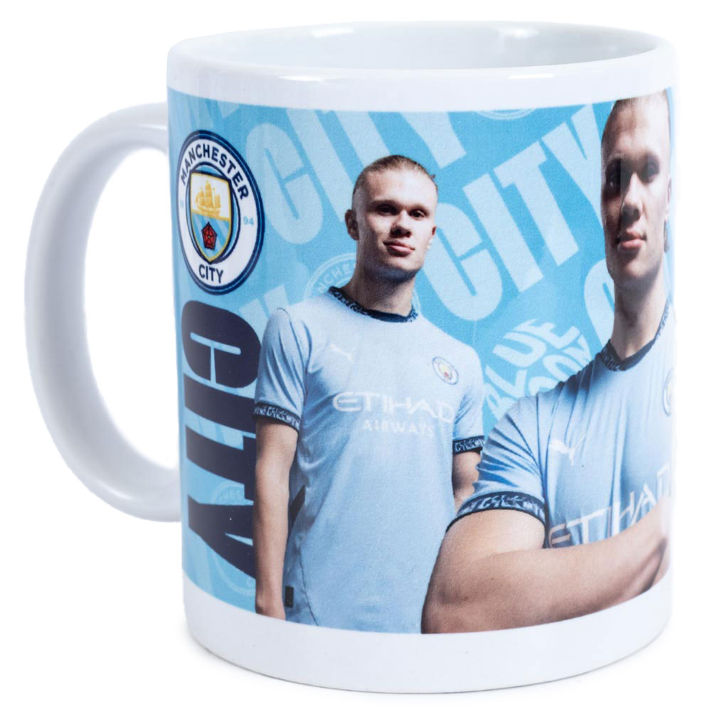 Manchester City FC blue and white ceramic mug with images of Erling Haaland, a City crest and text