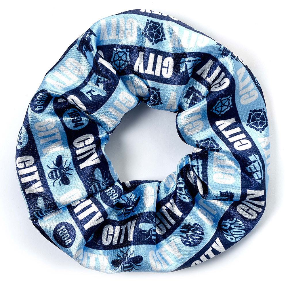 Colourful Manchester City FC satin hair scrunchie featuring City club icons and text