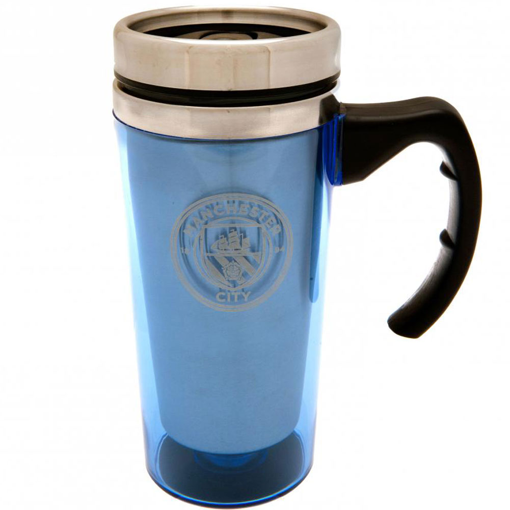Sky blue translucent Manchester City stainless steel travel mug with a printed Man City crest and handle