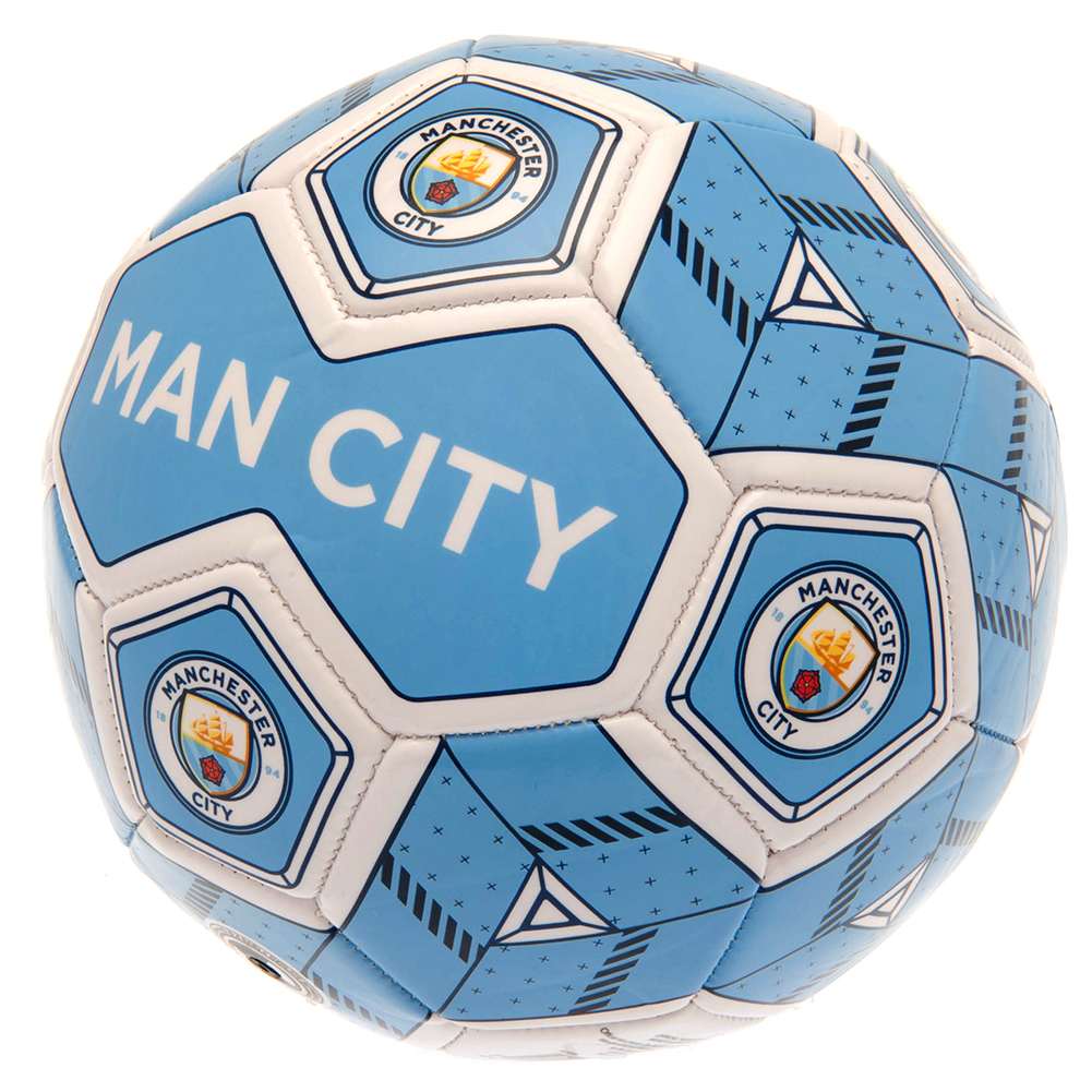 Manchester City FC multi colour size 3 football with 30 panels of club logos and text