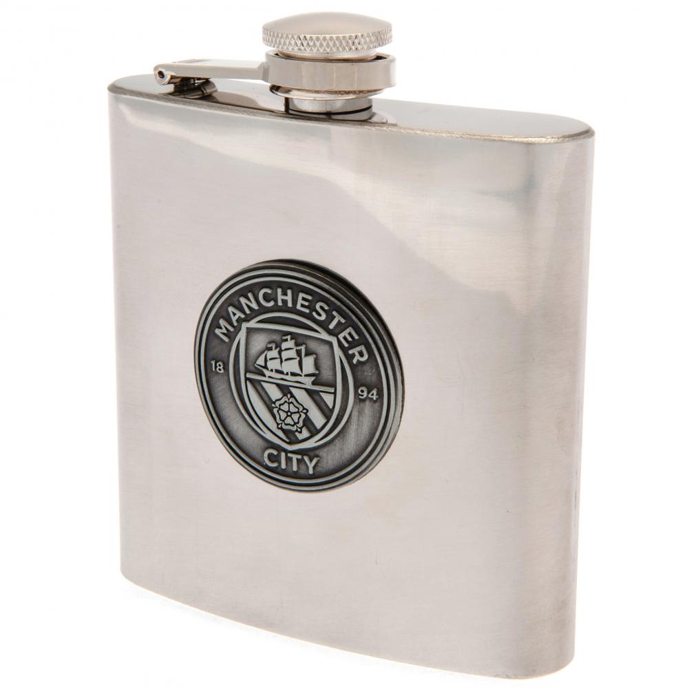 Manchester City 6oz stainless steel hip flask with an antique badge and a presentation box