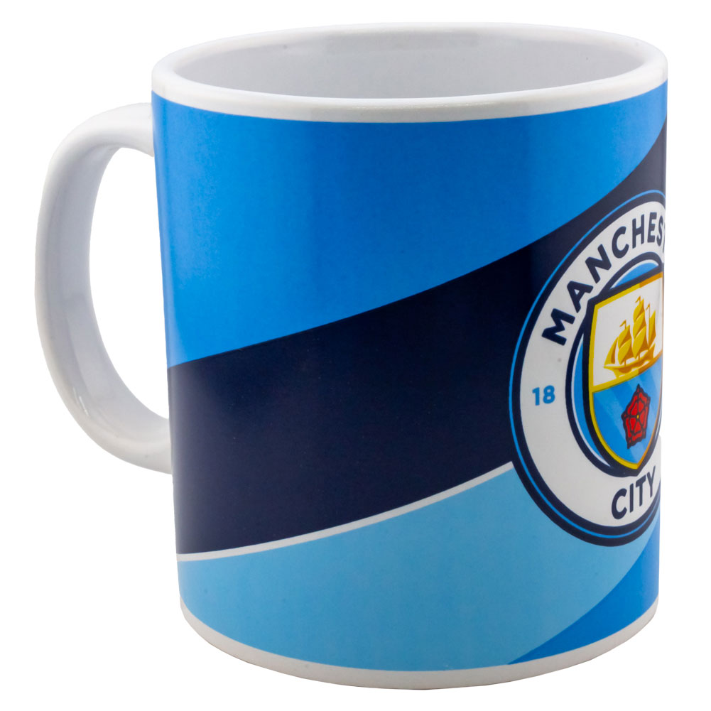 Manchester City FC jumbo ceramic coffee mug with a diagonal stripe design and large club crest