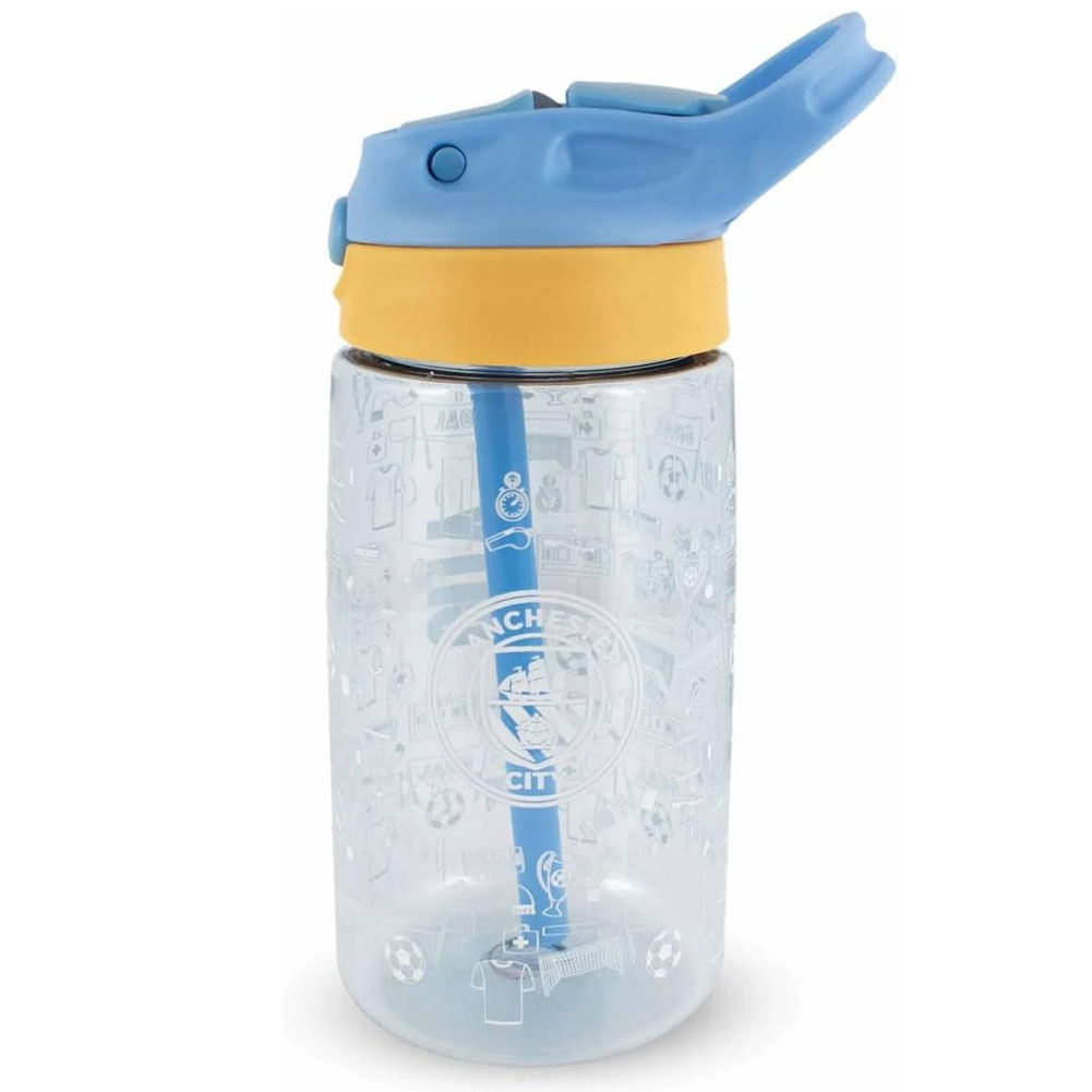 Light blue Manchester City FC kids water bottle with a white City crest and fun icon design