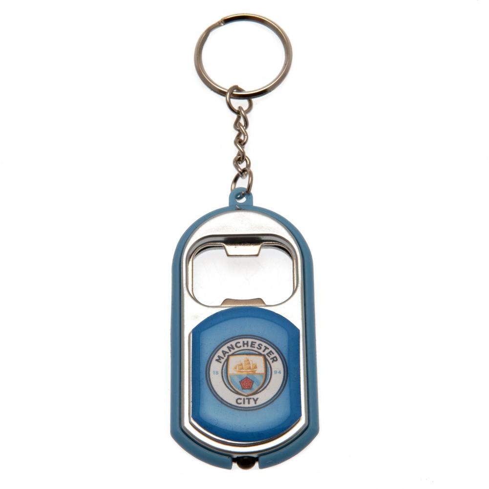 Manchester City FC plastic club crested keyring with a bottle opener and a torch