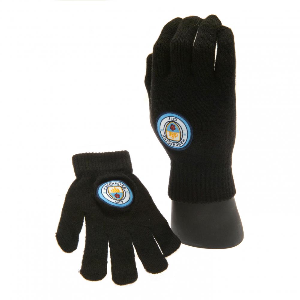 Pair of Manchester City FC children's black knitted gloves with a full colour Man City crest