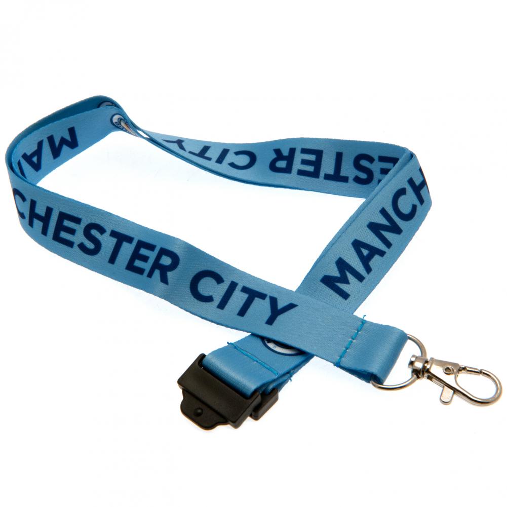 Manchester City FC sky blue satin finish printed lanyard with colour crests and Manchester City text