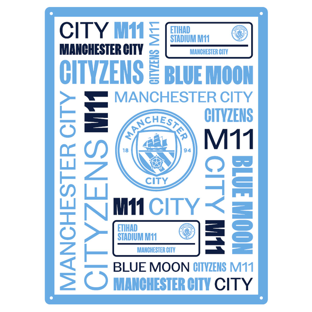 Manchester City FC large stamped metal wall sign with a montage of team slogans