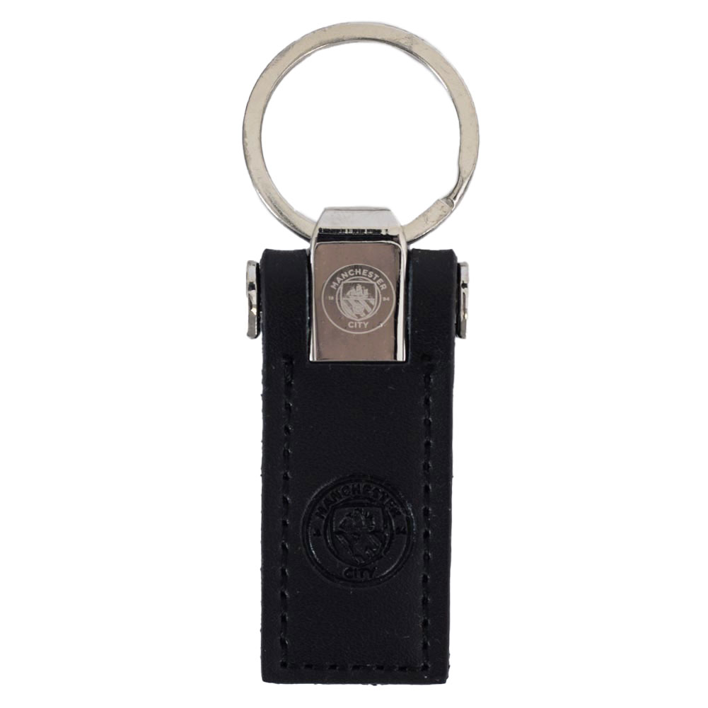 Manchester City FC executive leather key fob with a debossed City crest and a metal keeper top