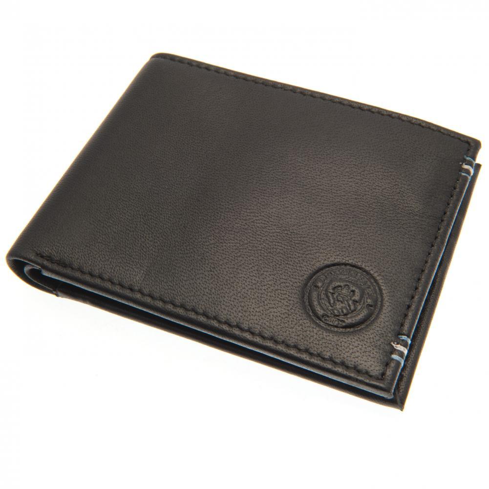 Manchester City FC leather wallet with sky blue and white stitching and an embossed club crest