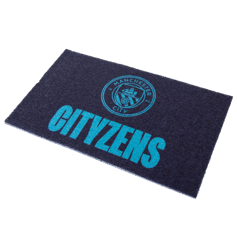 White heavy duty printed PVC Manchester City FC doormat featuring a blue City crest and Cityzens text