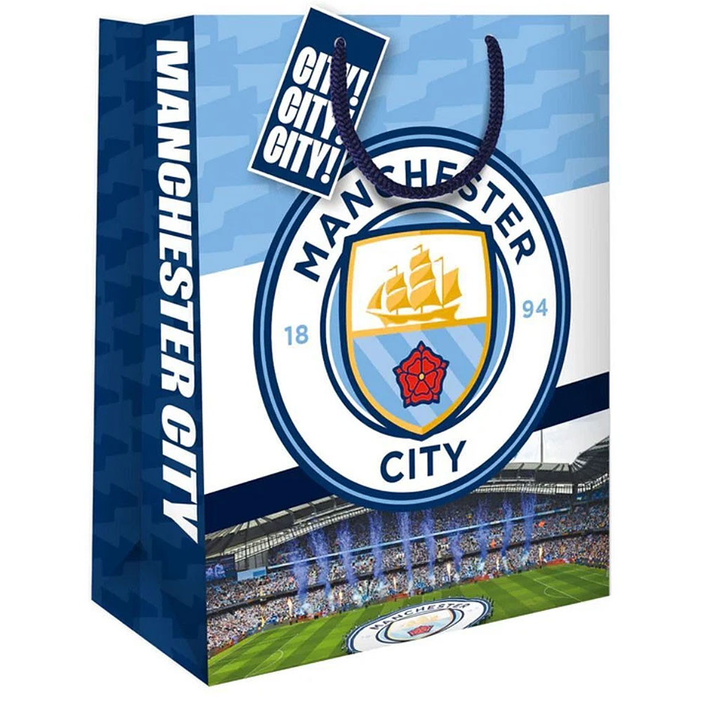 Manchester City FC medium colour card gift bag with a full colour City crest and woven string handles