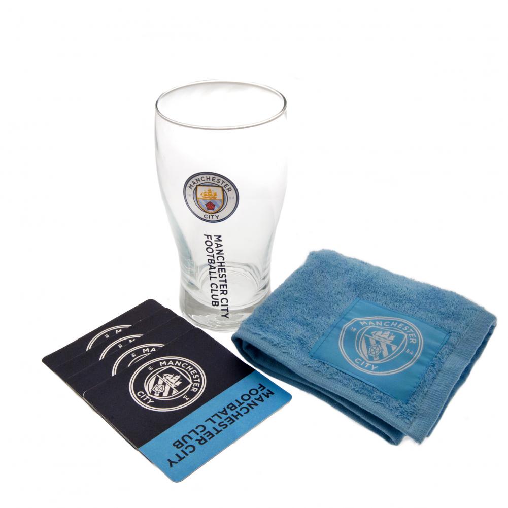 Manchester City FC mini bar set with a navy text tulip pint glass, sky blue bar towel and four beer mats