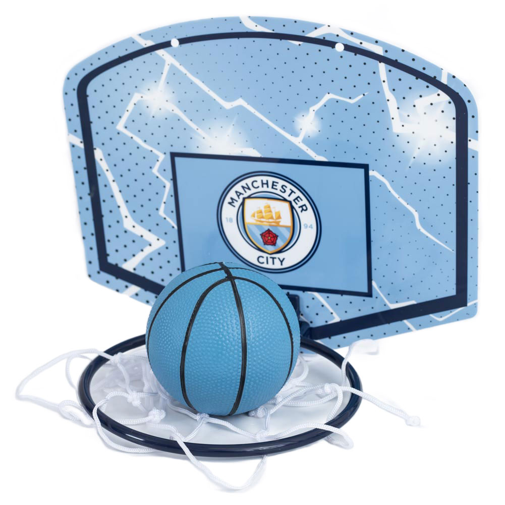 Manchester City FC mini basketball set with a branded Man City backboard, hoop and net