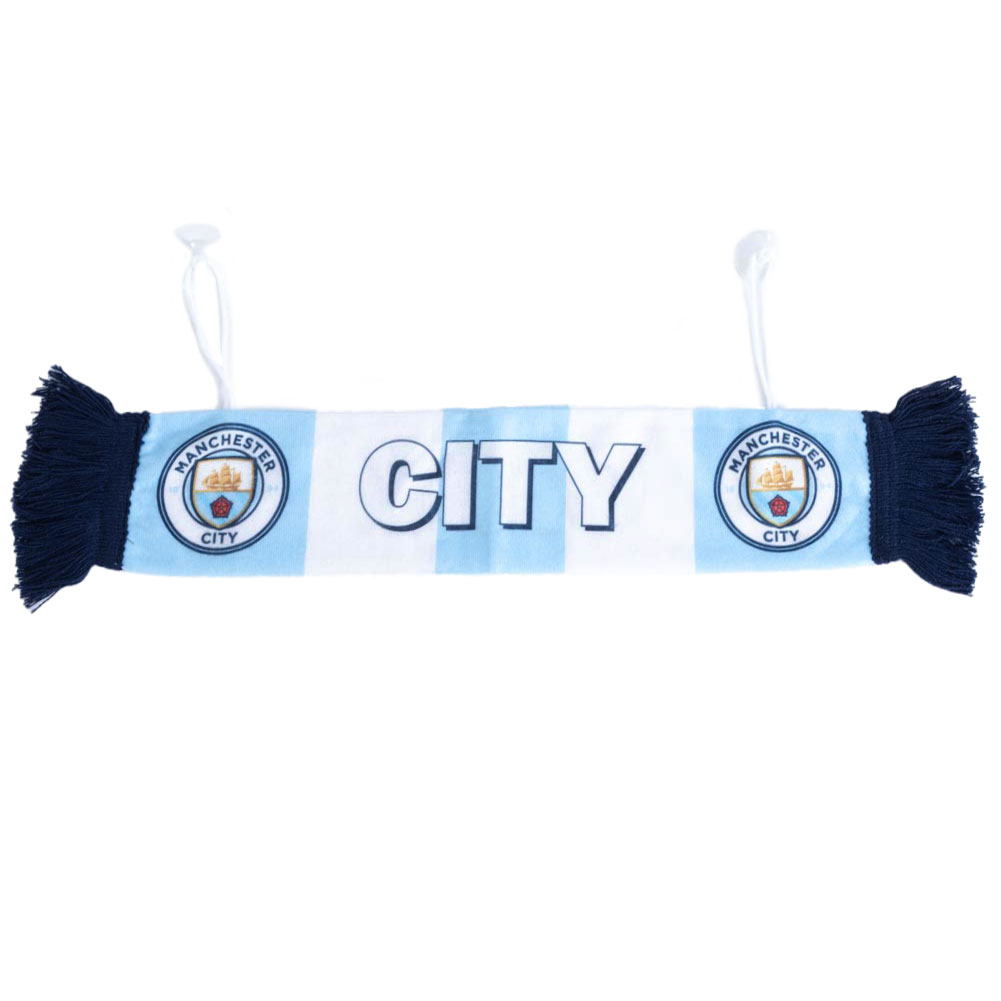 Manchester City mini cloth bar scarf with two club crests, CITY text and blue tassels at each end