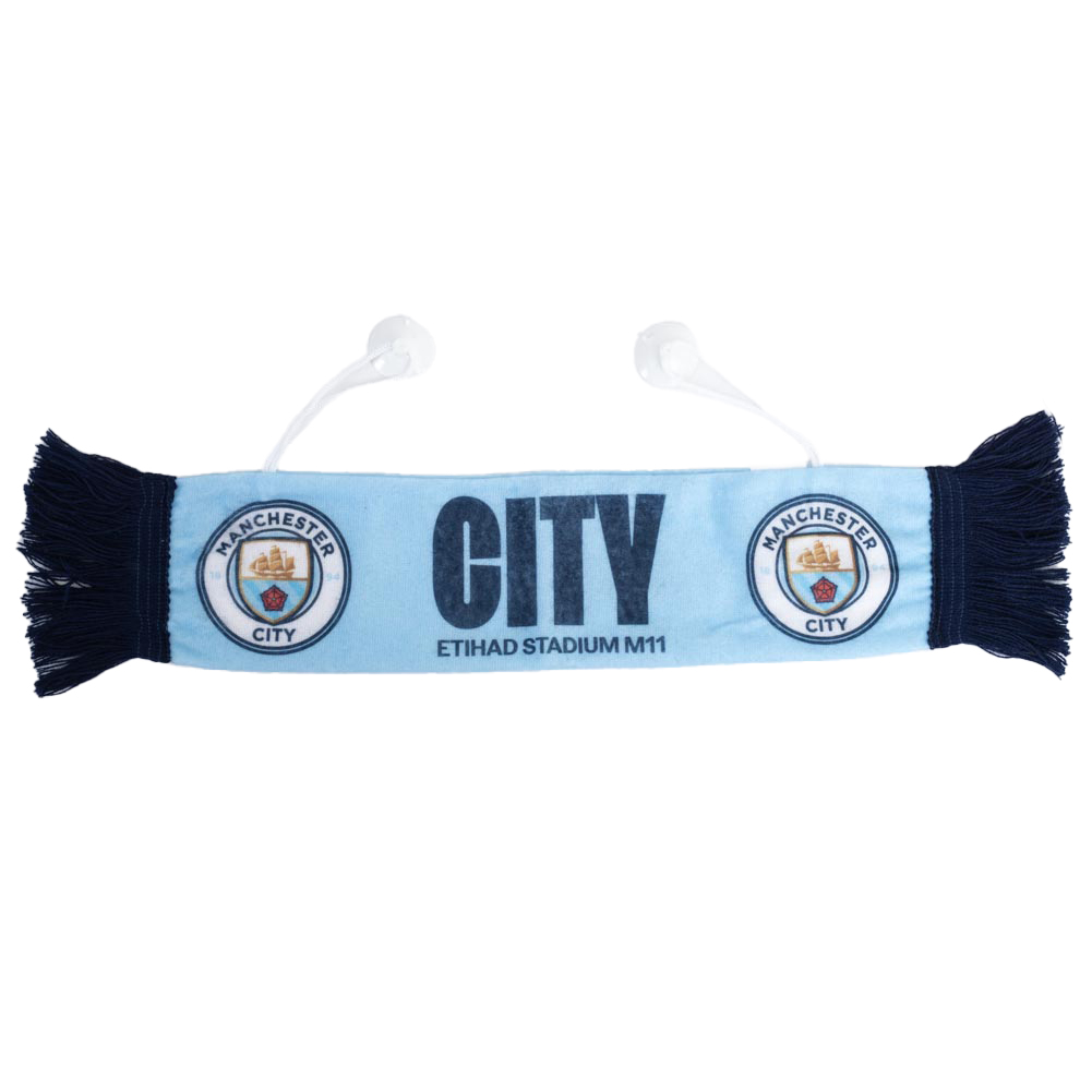 Manchester City mini cloth car scarf with blue tassels, two club crests and CITY text