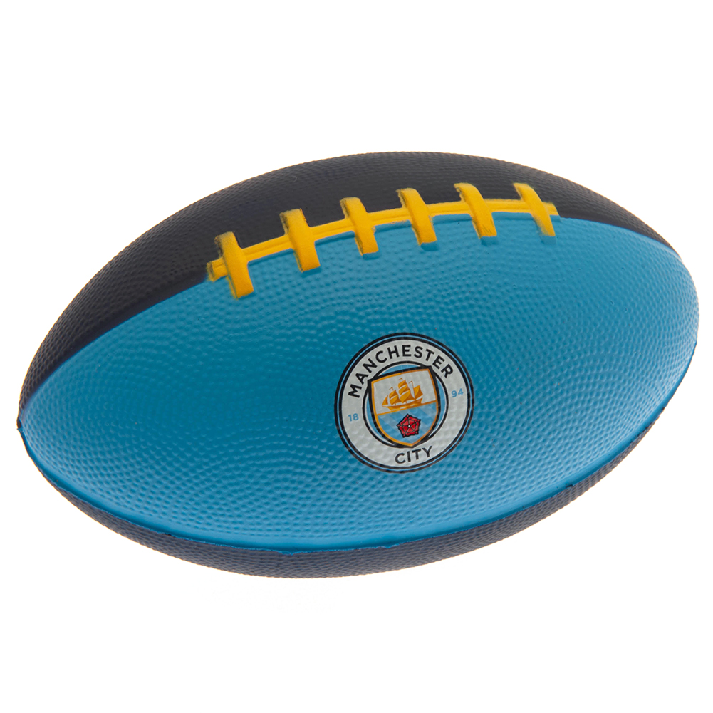 Manchester City FC navy blue and sky blue mini foam American football with a printed Man City crest