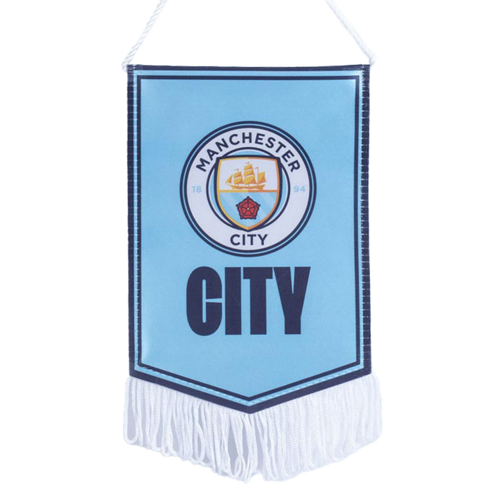 Manchester City satin look mini pennant with a full colour crest and CITY text on a sky blue background