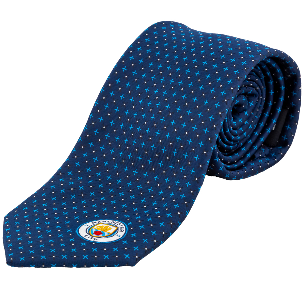 Navy blue patterned Manchester City FC tie with a small City crest at the bottom