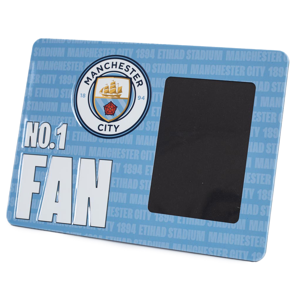 Manchester City FC metal photo frame sign with the Man City crest and NO.1 FAN in bold white text