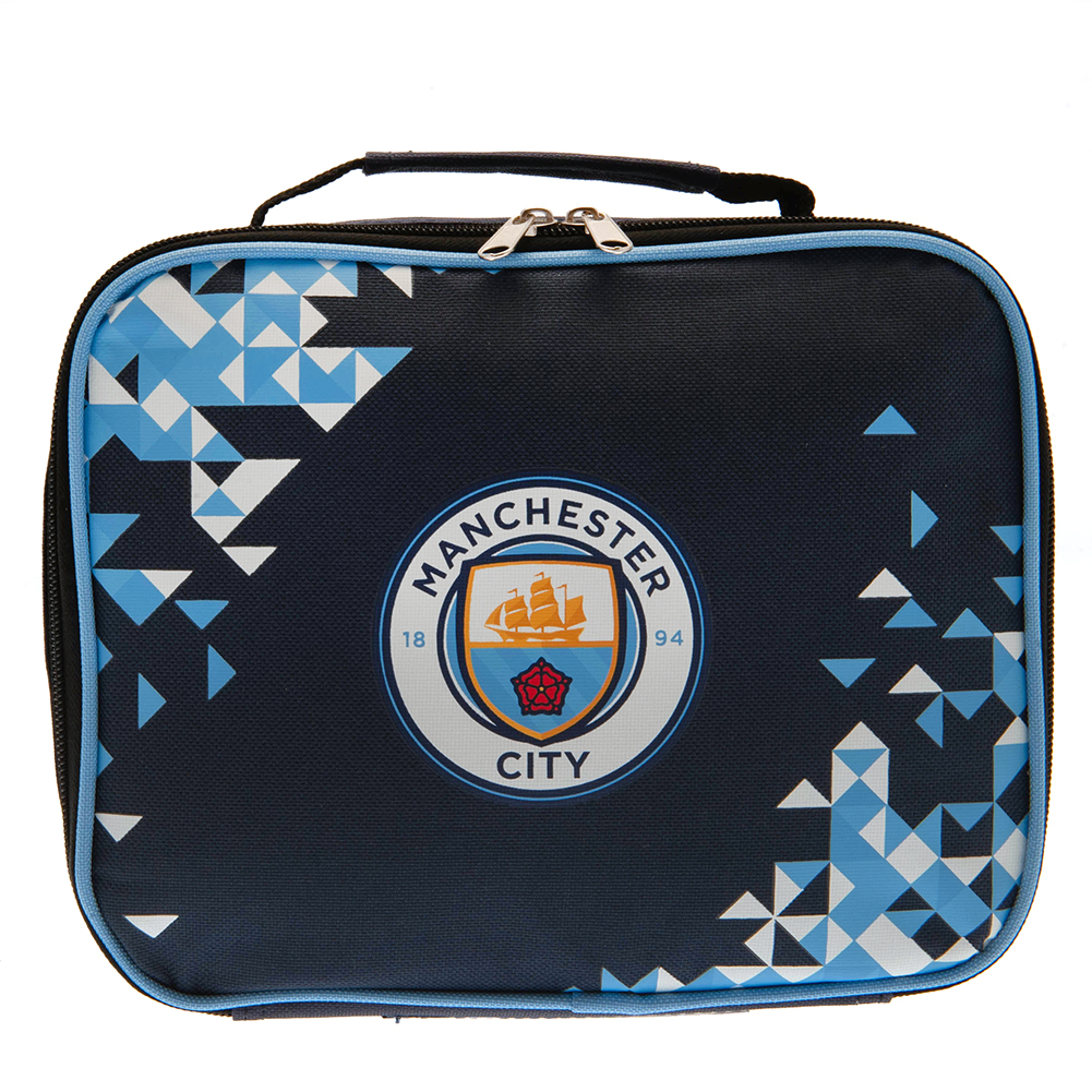 Manchester City particle design lunch bag with a full colour club crest, name tag and carry handle