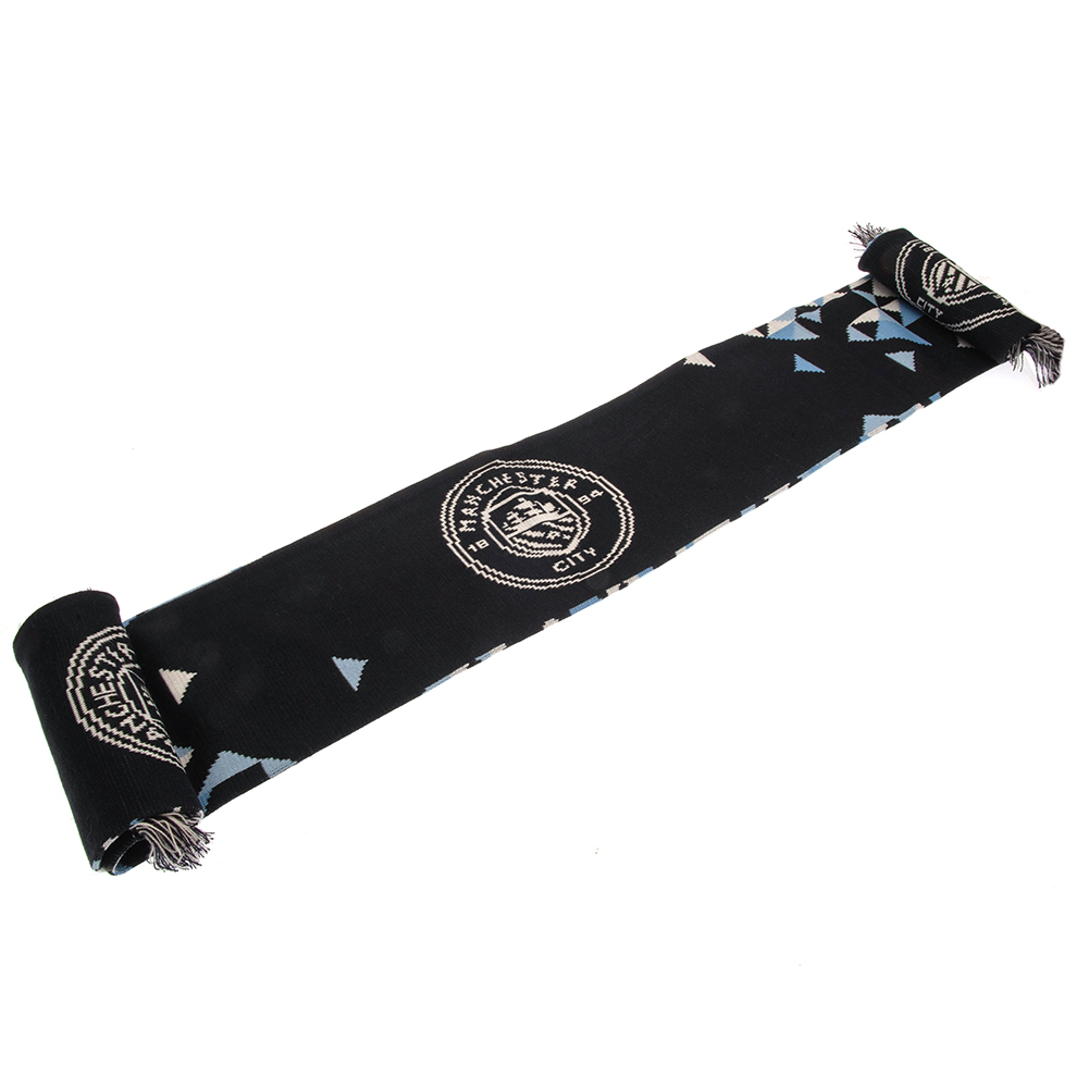 Manchester City FC sky blue, white, navy and baby blue particle knit scarf with navy fringe and white crest