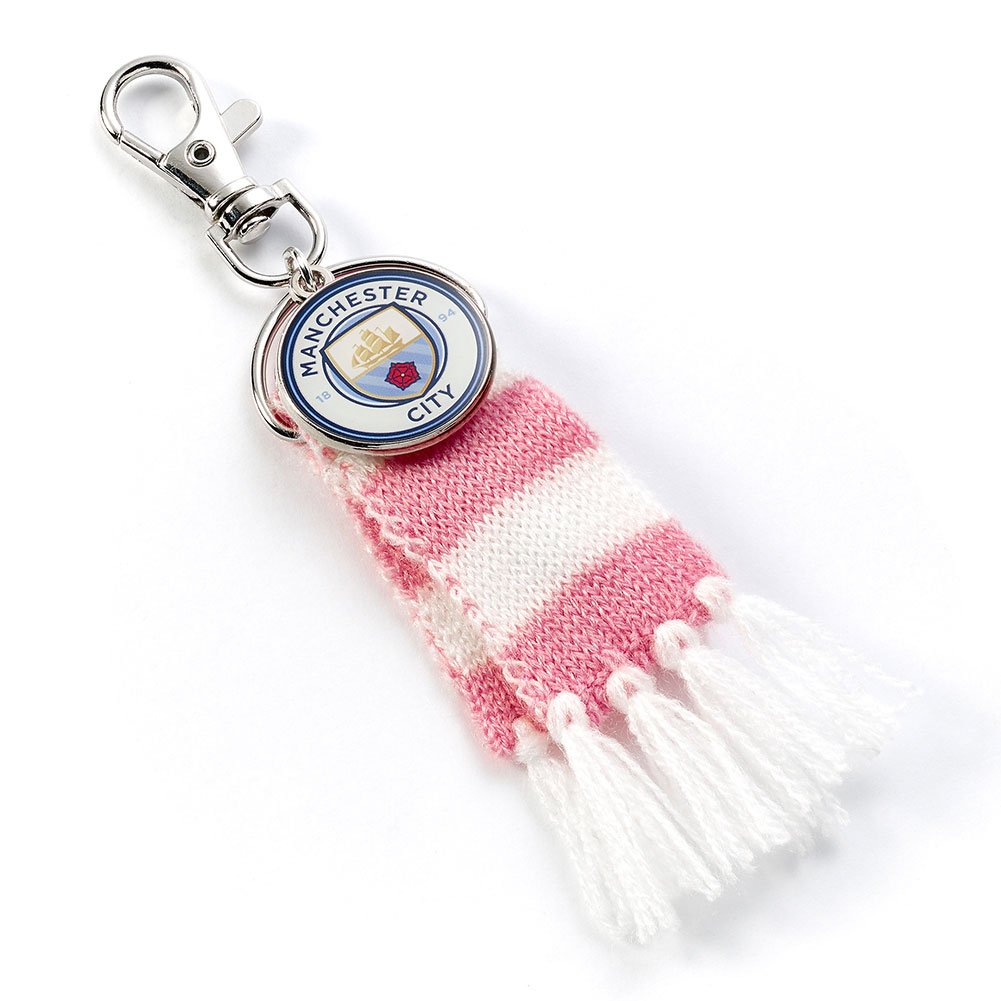 Manchester City pink and white bar scarf bag charm with full colour City crest charm and lobster claw clasp