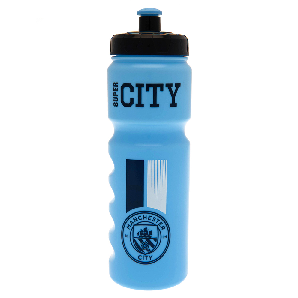 Sky blue stripe Manchester City FC plastic drinks bottle with a navy City crest and Super City text