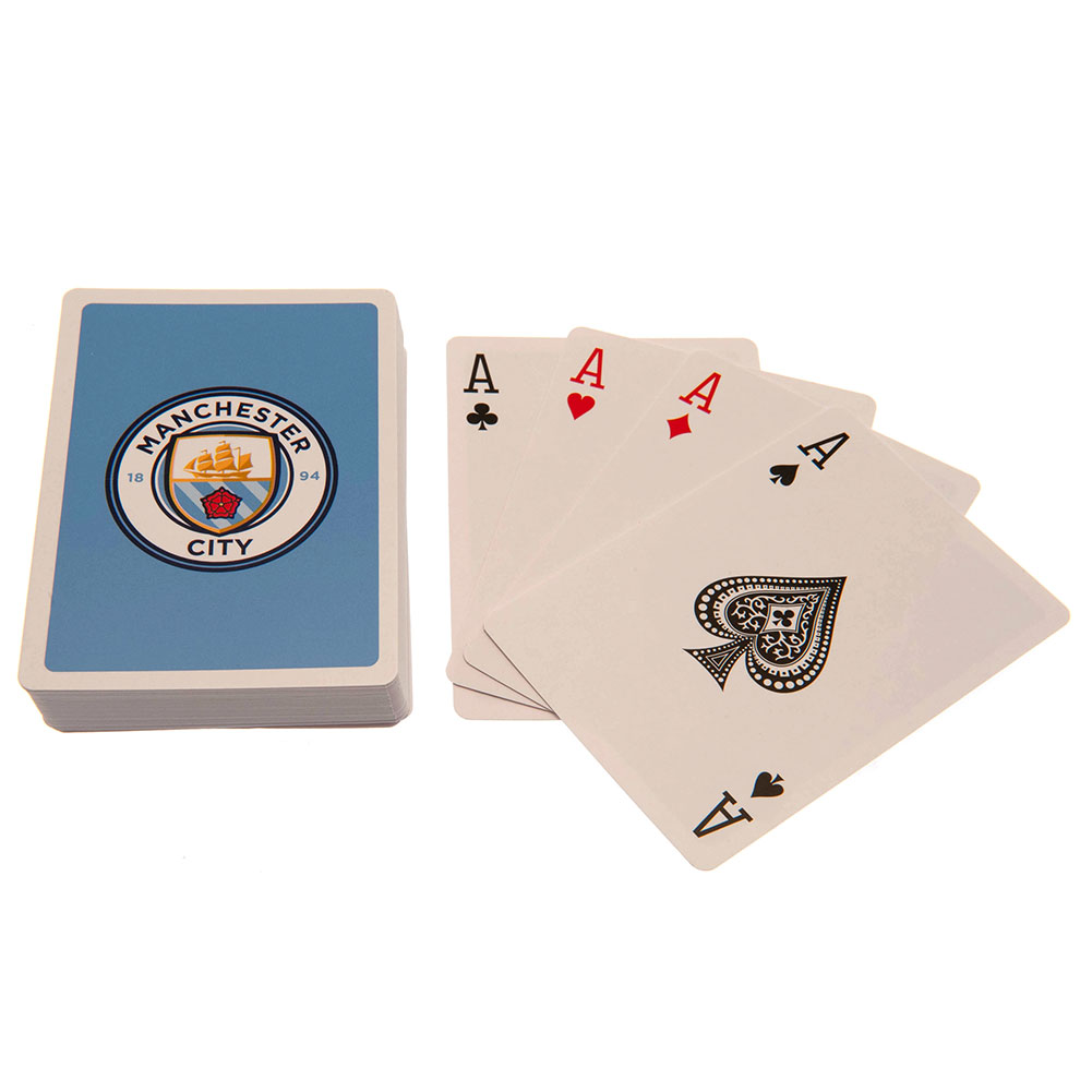 Manchester City FC linen playing cards in a printed card packet, each card adorned with the City crest