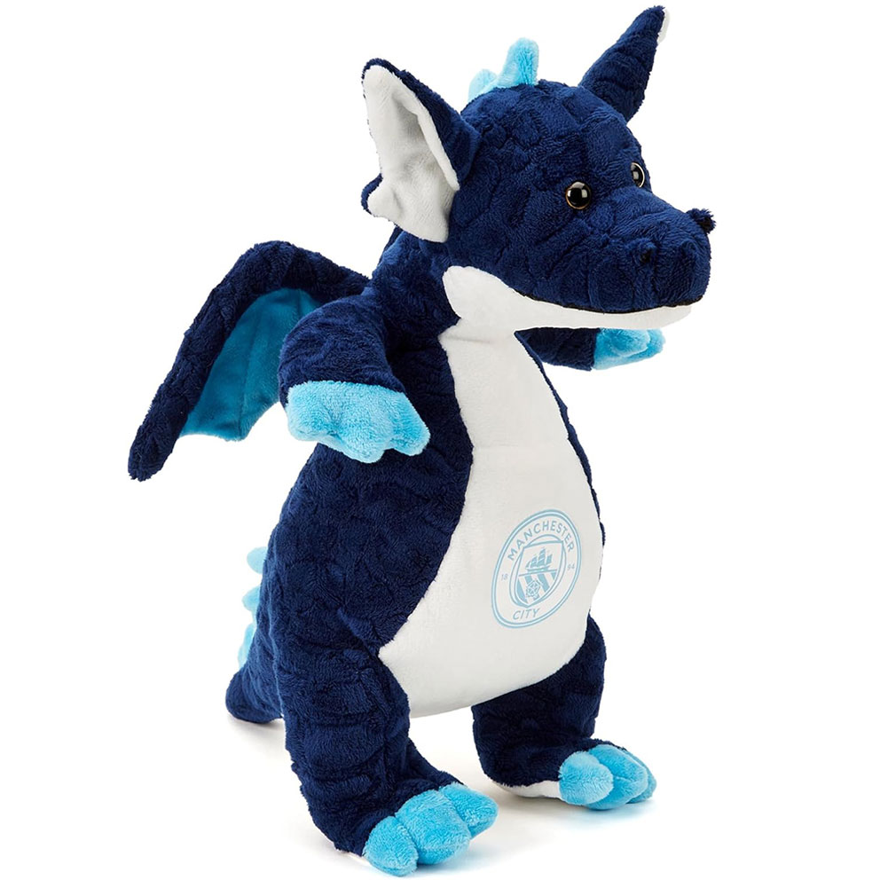 Manchester City FC standing plush dragon with a navy and white body and a City crest on the front