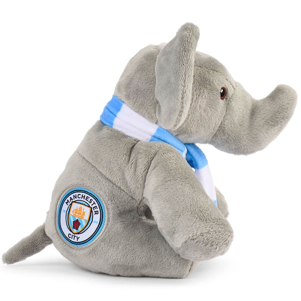 Manchester City FC freestanding plush elephant with a woven City crest on the side and a team colour bar scarf