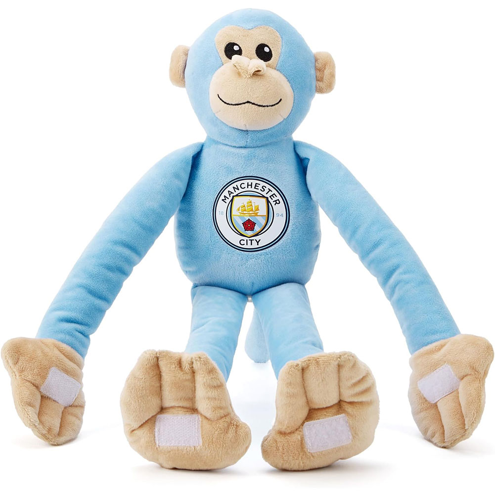 Sky blue Manchester City FC plush hanging monkey with a smiley face and the crest on its front