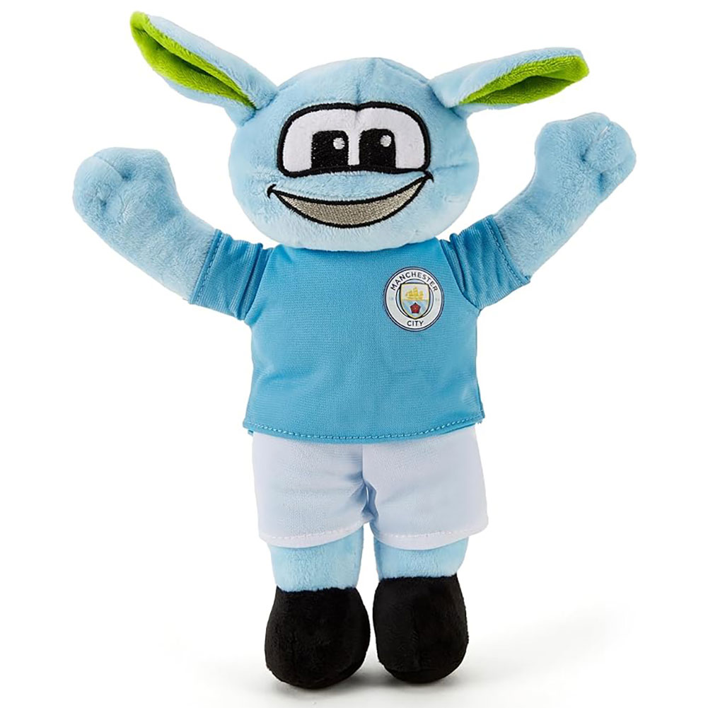 Manchester City FC plush Moonchester mascot wearing a shirt with a full colour club crest